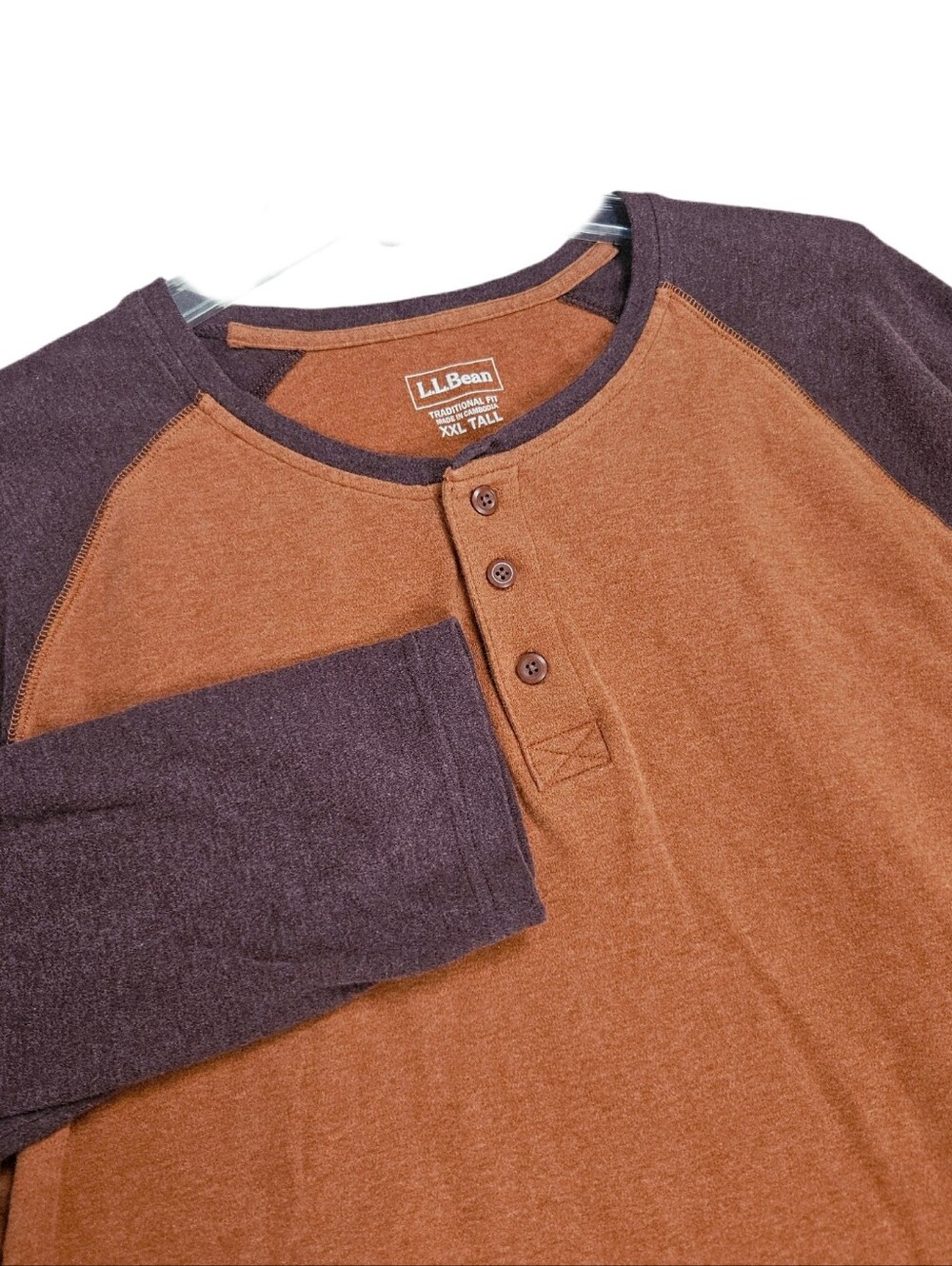LL Bean Men’s Henley Shirt Raglan Long Sleeve Cotton Rust Orange XXLT